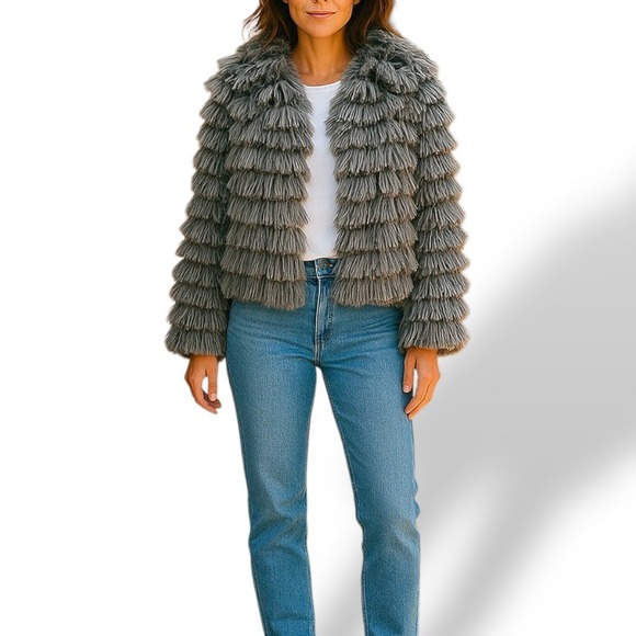 Vintage Style Gray Faux Fur Shaggy Tassel Jacket – Retro Statement Coat  Medium - Picture 1 of 11